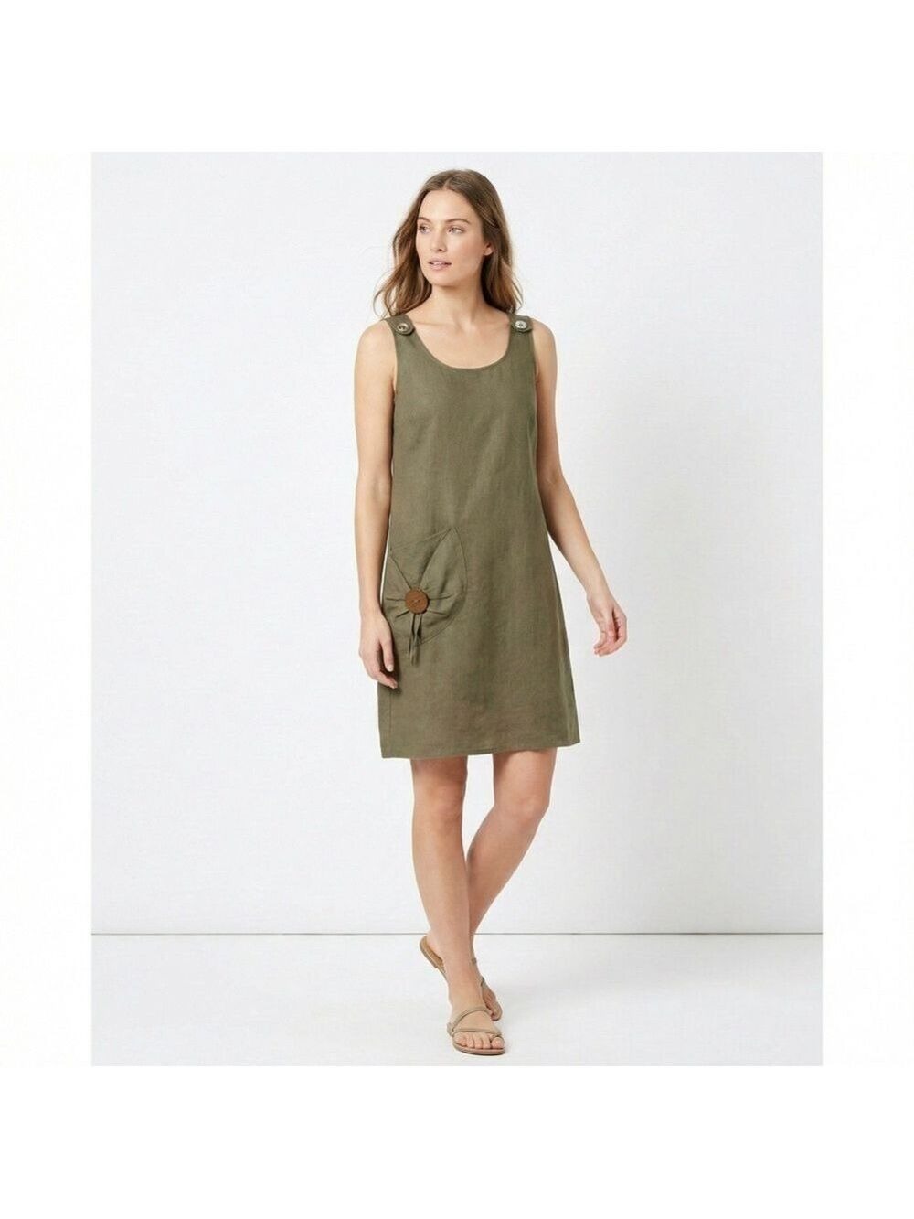 CARRE NOIR 100% Linen Fully Lined One Pocket Popover Dress Hidden Side Zip Sz S